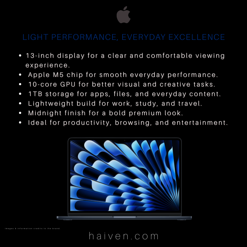 Apple MacBook Air MDHF4 LL/A 13 M5 10CPU 10GPU 16GB 1TB Midnight