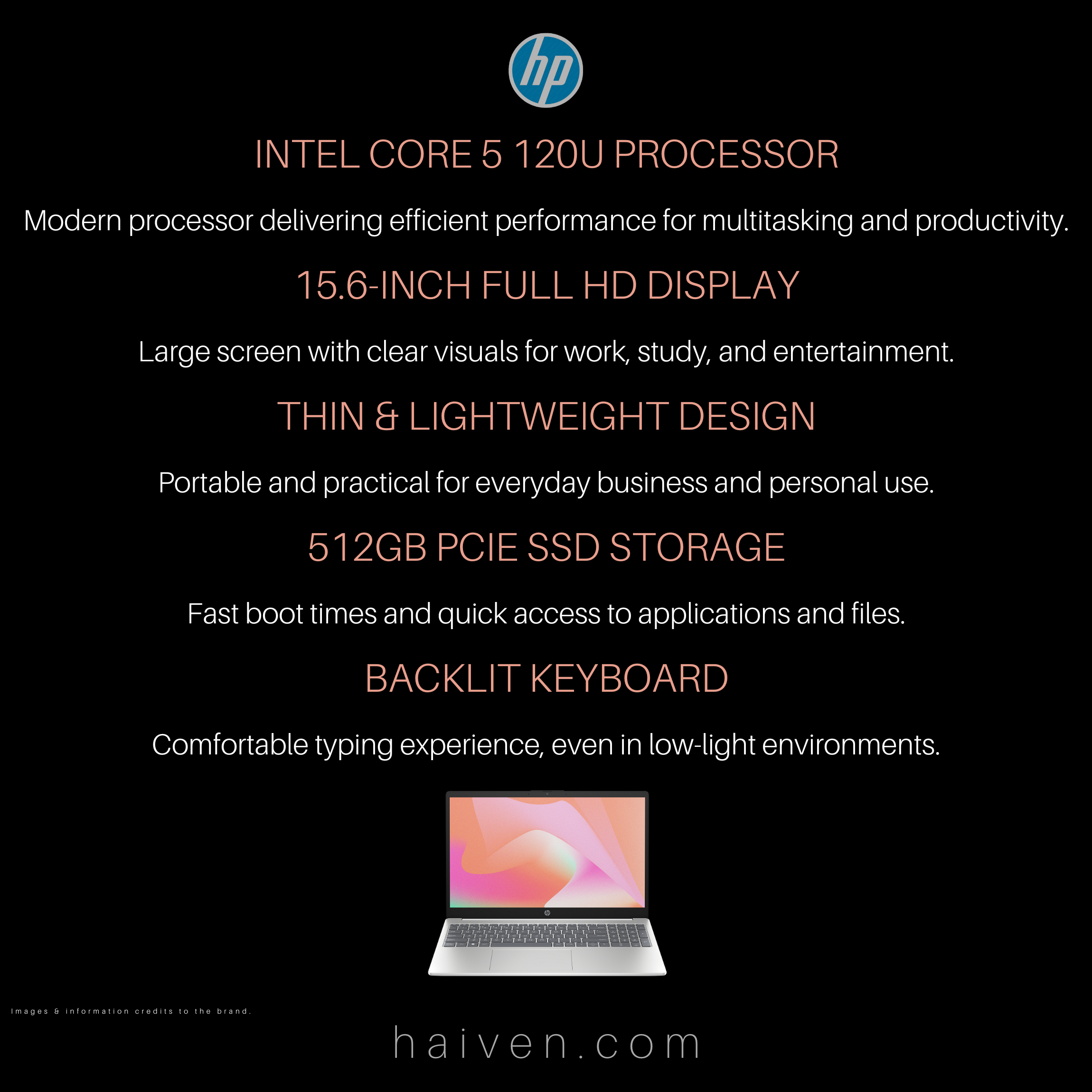 HP 15-FD0355NIA Core 5 120U 8GB DDR4 512GB 15.6-Inch FHD DOS Silver Backlit Keyboard