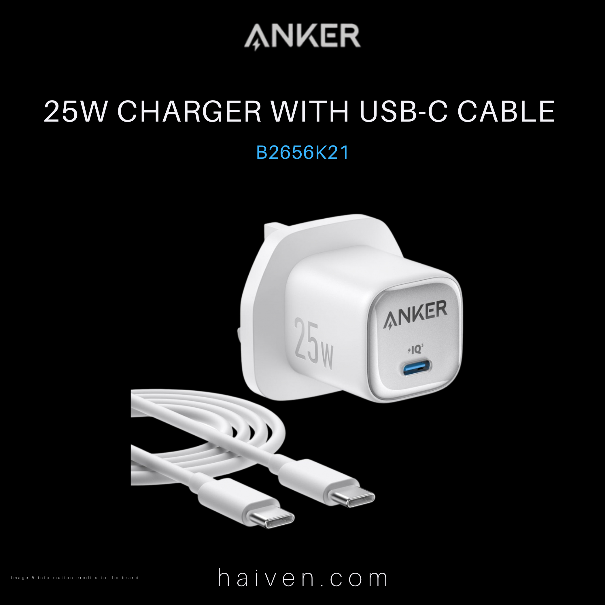 Anker Charger B2656K21 25W with USB-C Cable White