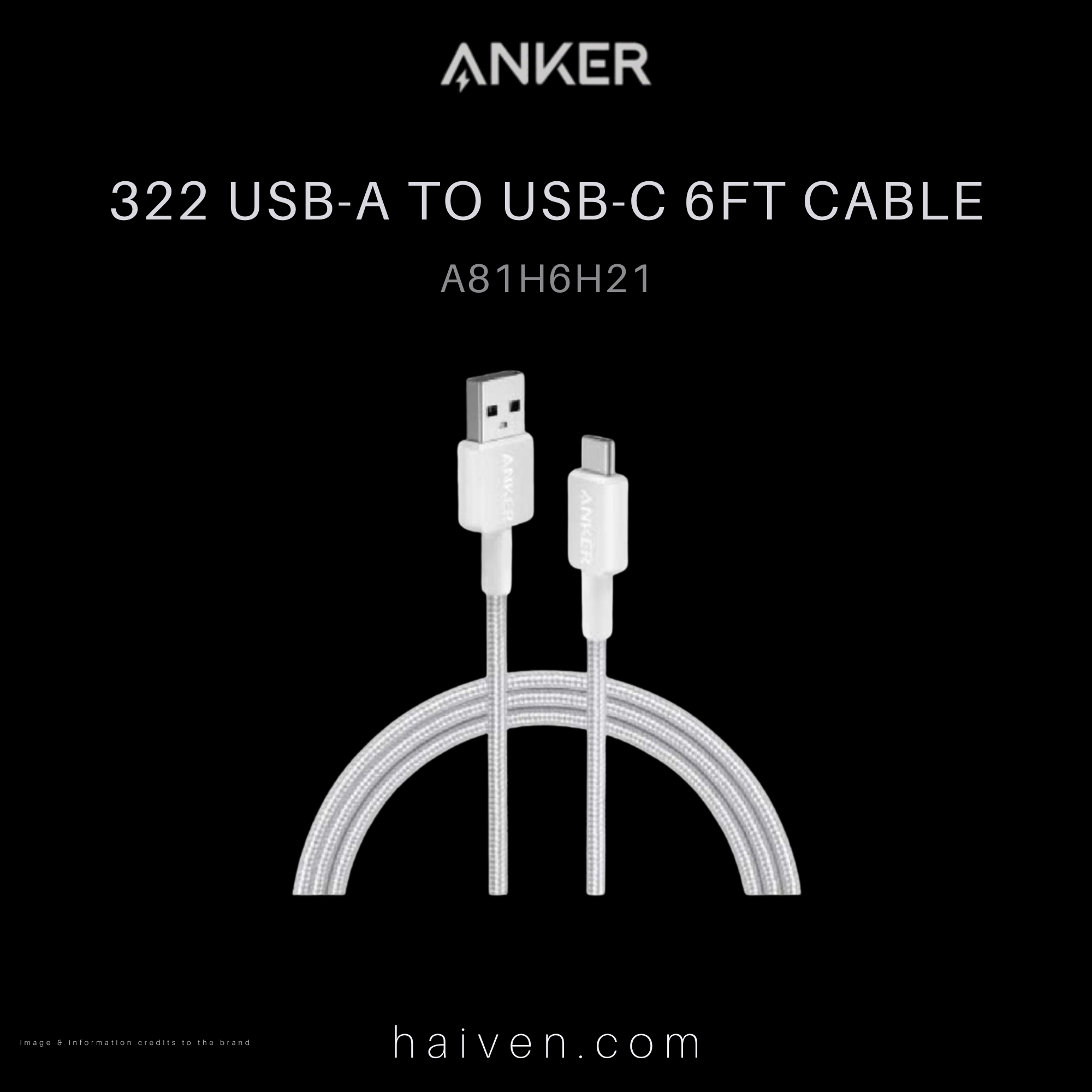 Anker 322 Cable USB-A to USB-C 6ft Braided White