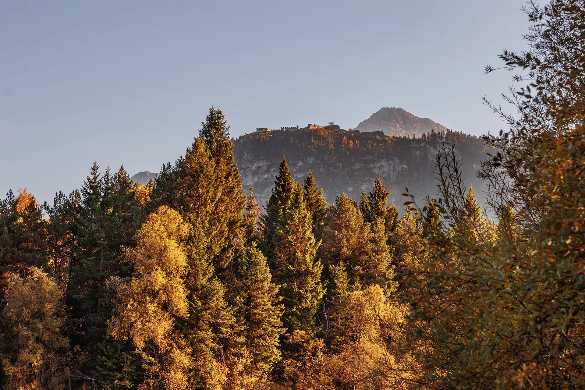 Forest with autumn-colored trees in the foreground and a mountain with a plateau and buildings on top under a clear sky.