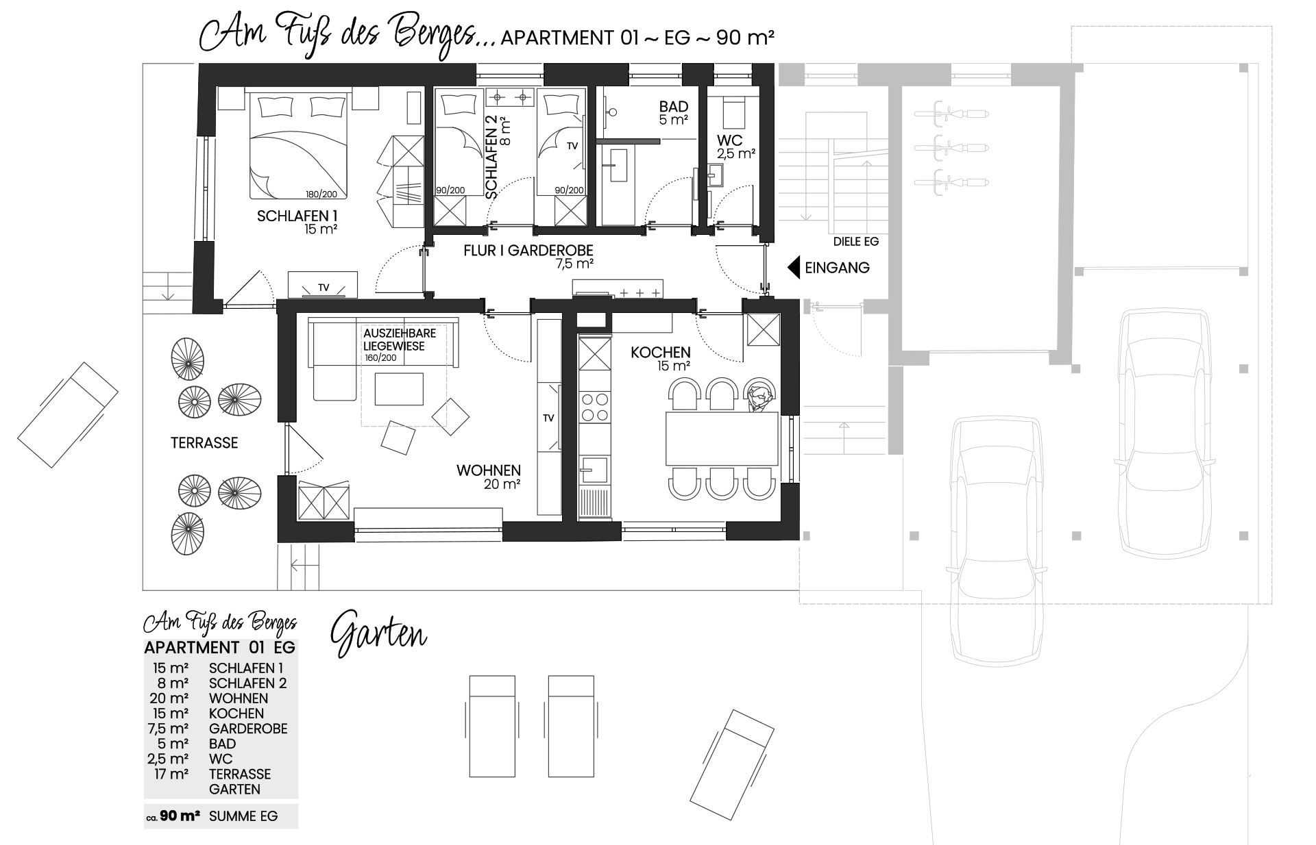 Floor plan of a 90 square meter apartment with two bedrooms, a living room, kitchen, bathroom, WC, wardrobe area, terrace, and garden.