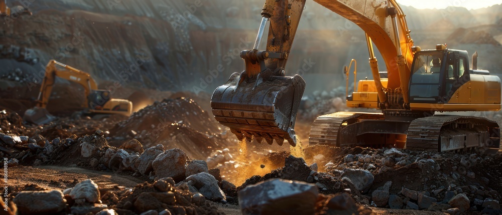 Excavator digging rocky soil at a mining site during sunset with another excavator in the background.