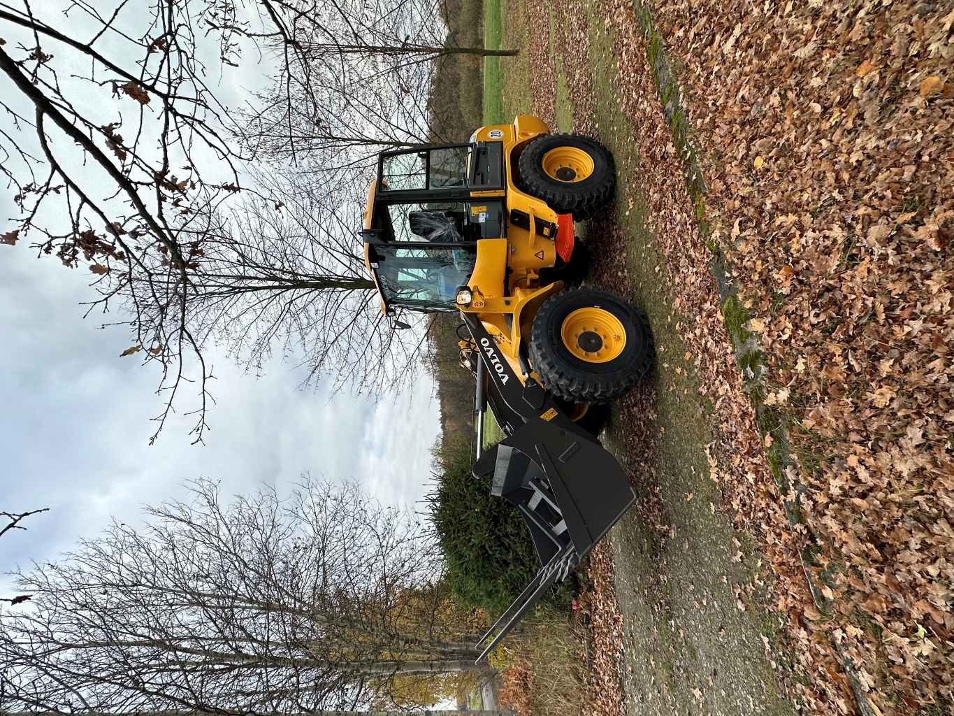 Yellow Volvo front loader parked on a leaf-covered path surrounded by bare trees on a cloudy day.