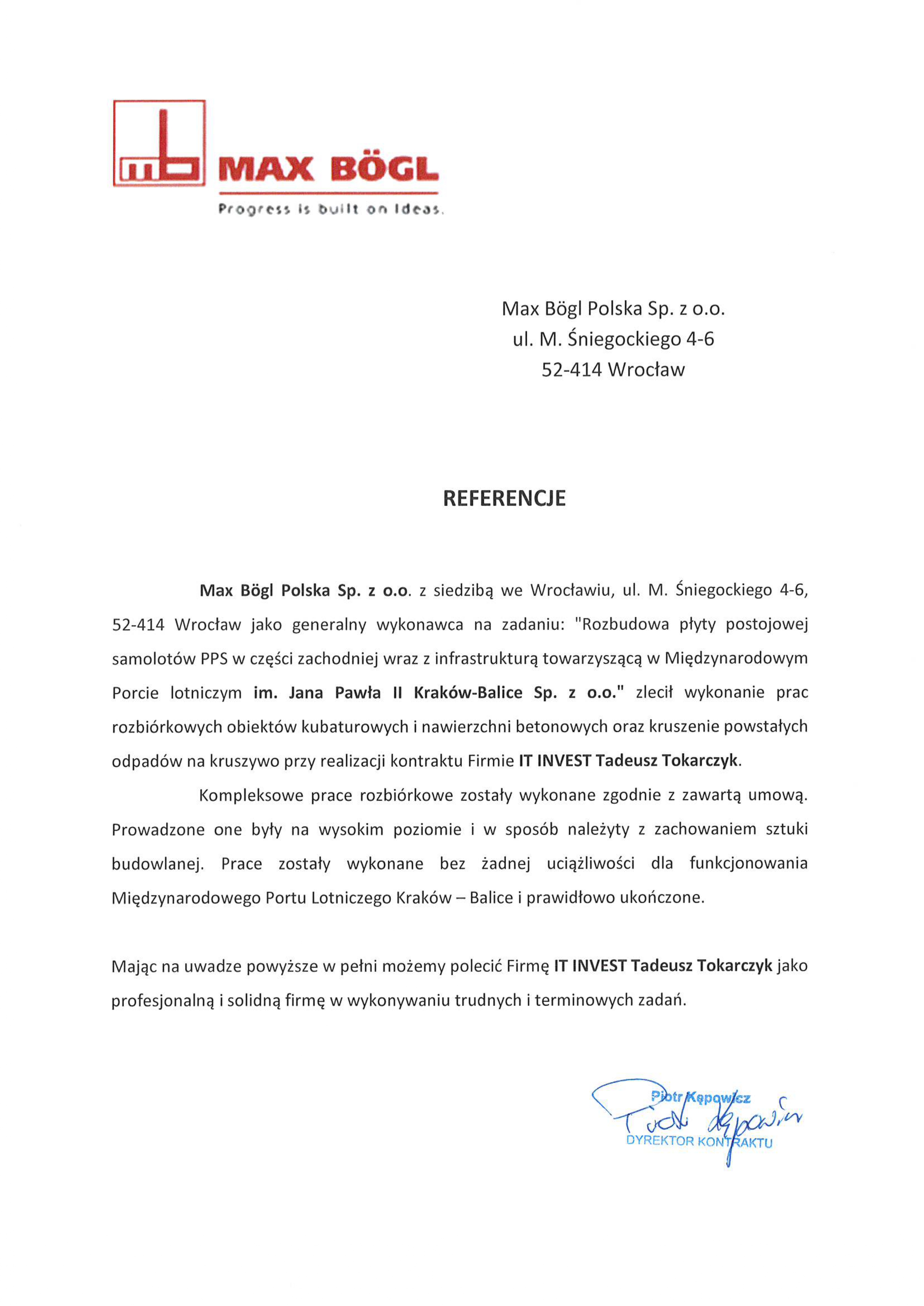 Reference letter from Max Bögl Polska praising IT INVEST Tadeusz Tokarczyk for construction work at Kraków-Balice Airport.