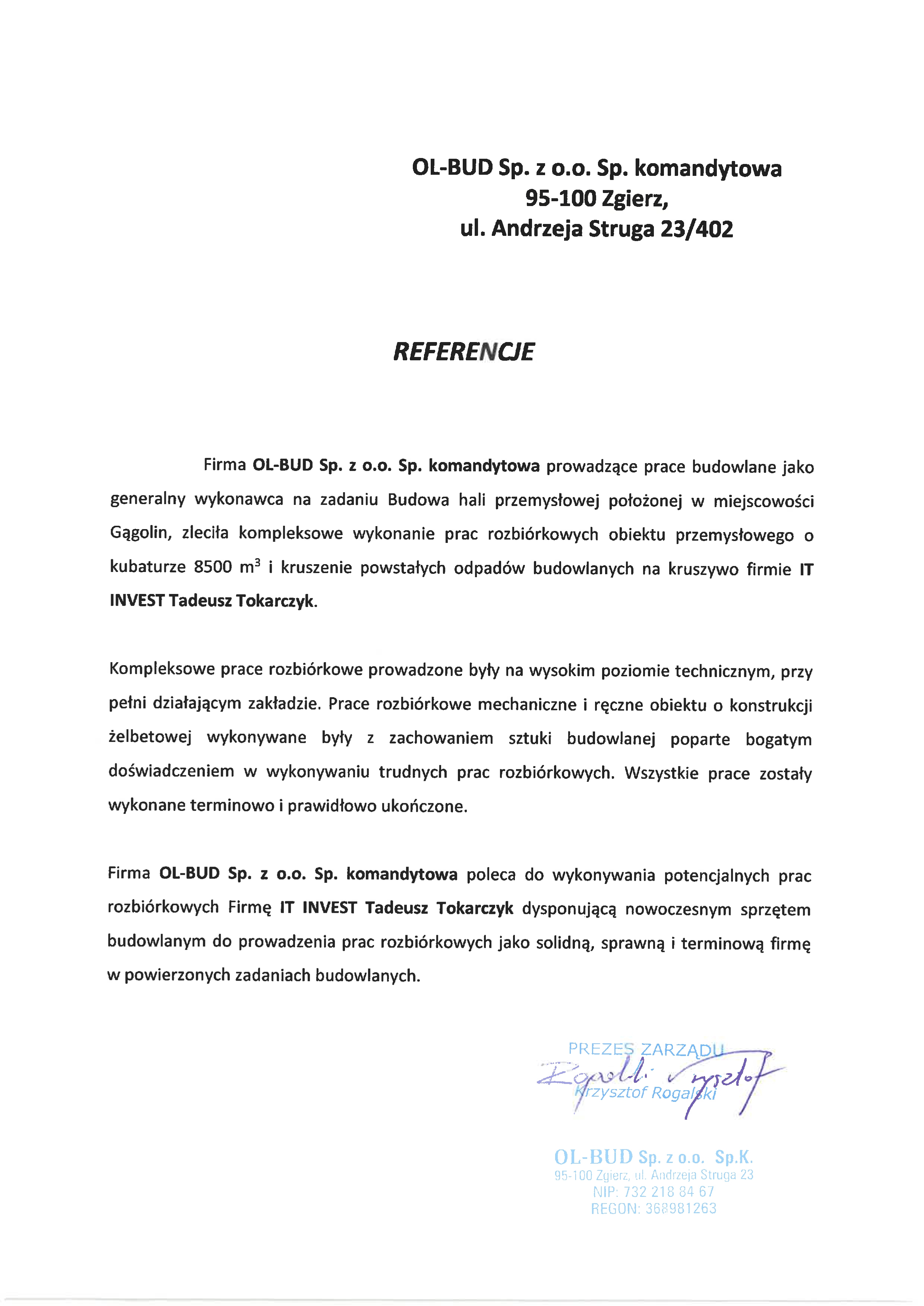 Polish reference letter from OL-BUD Sp. z o.o. endorsing IT INVEST Tadeusz Tokarczyk for demolition work.
