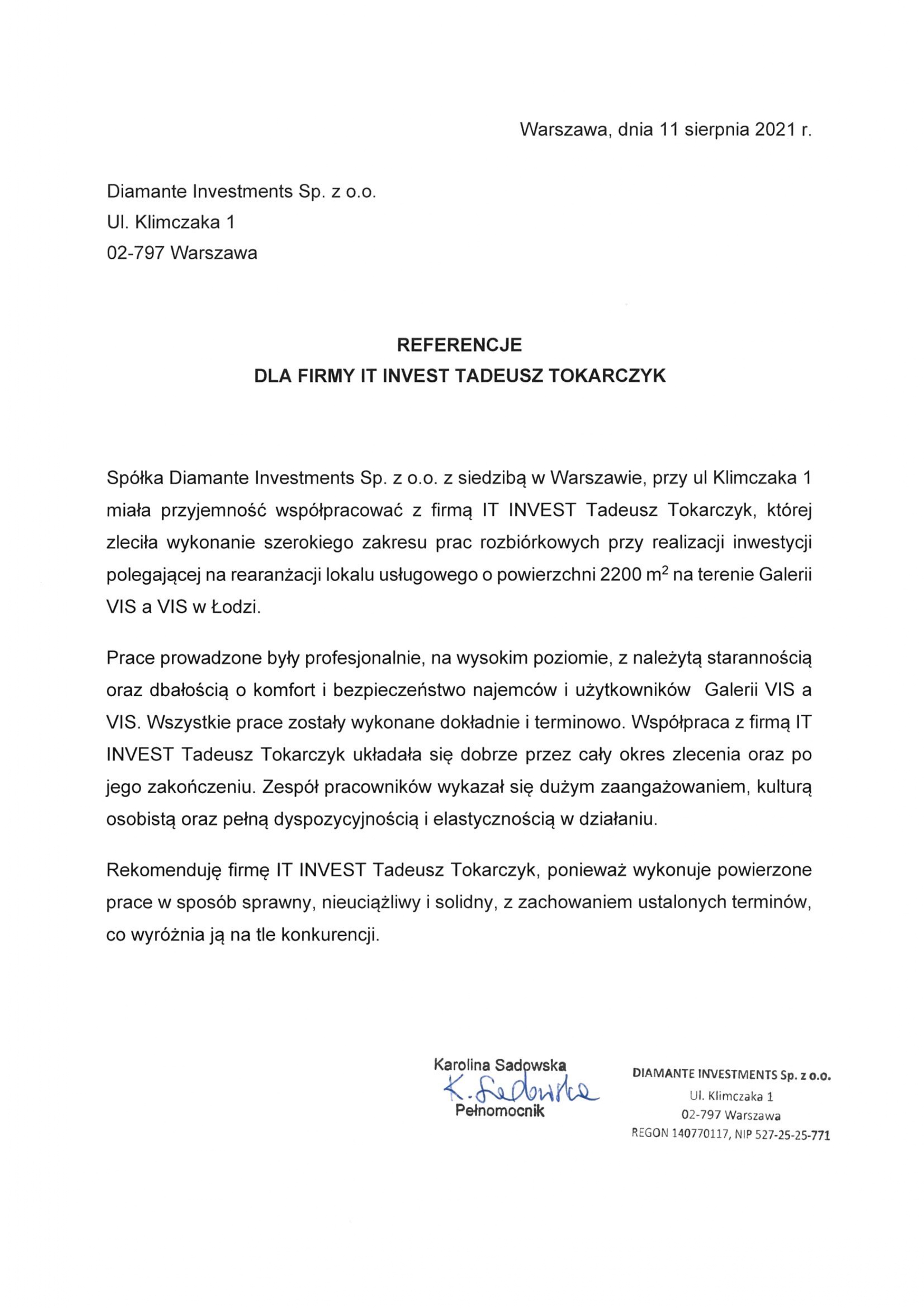 Written reference letter from Diamante Investments praising IT INVEST Tadeusz Tokarczyk for professional demolition work.