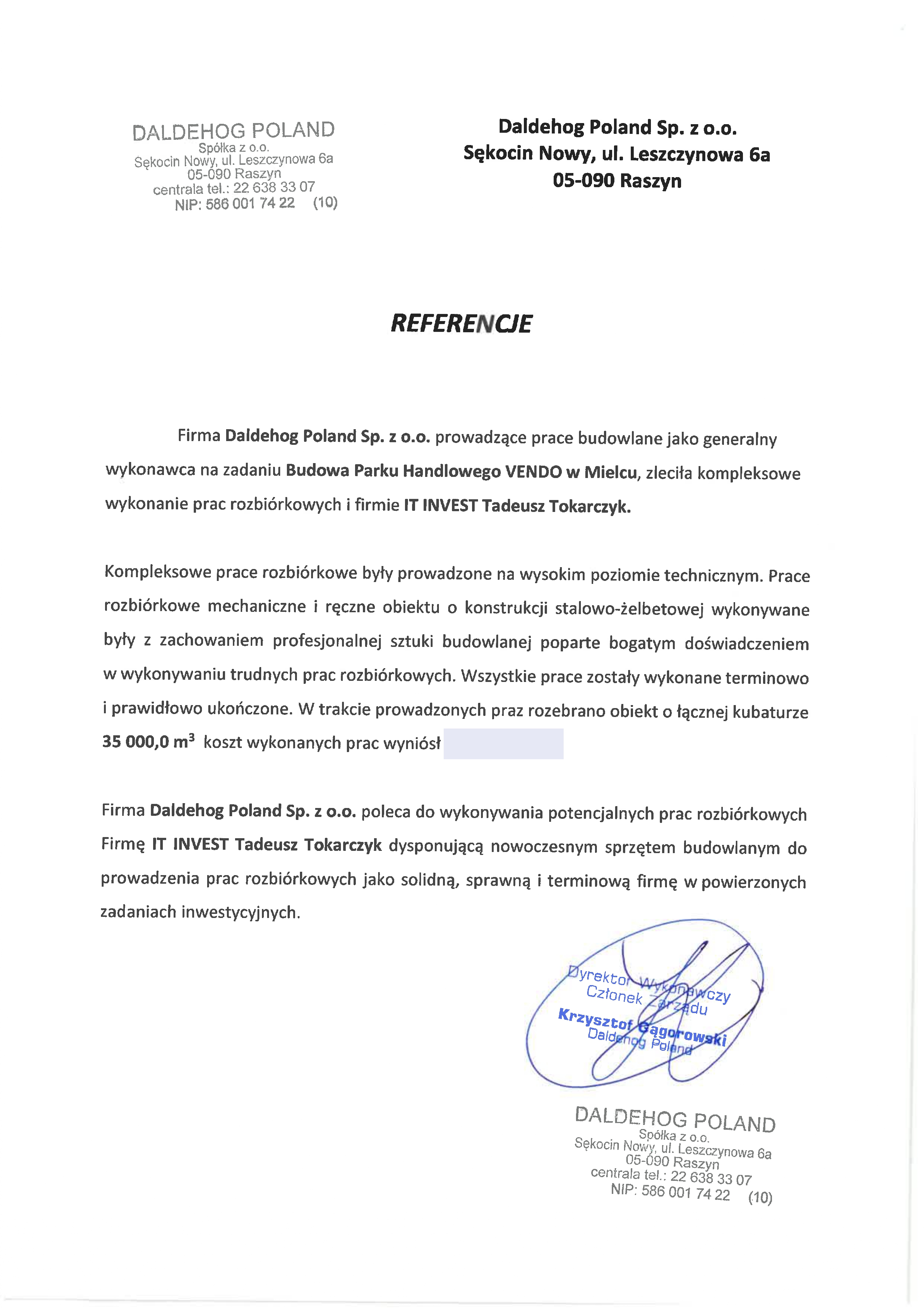 Reference letter from Daldehog Poland recommending IT INVEST Tadeusz Tokarczyk for demolition work.