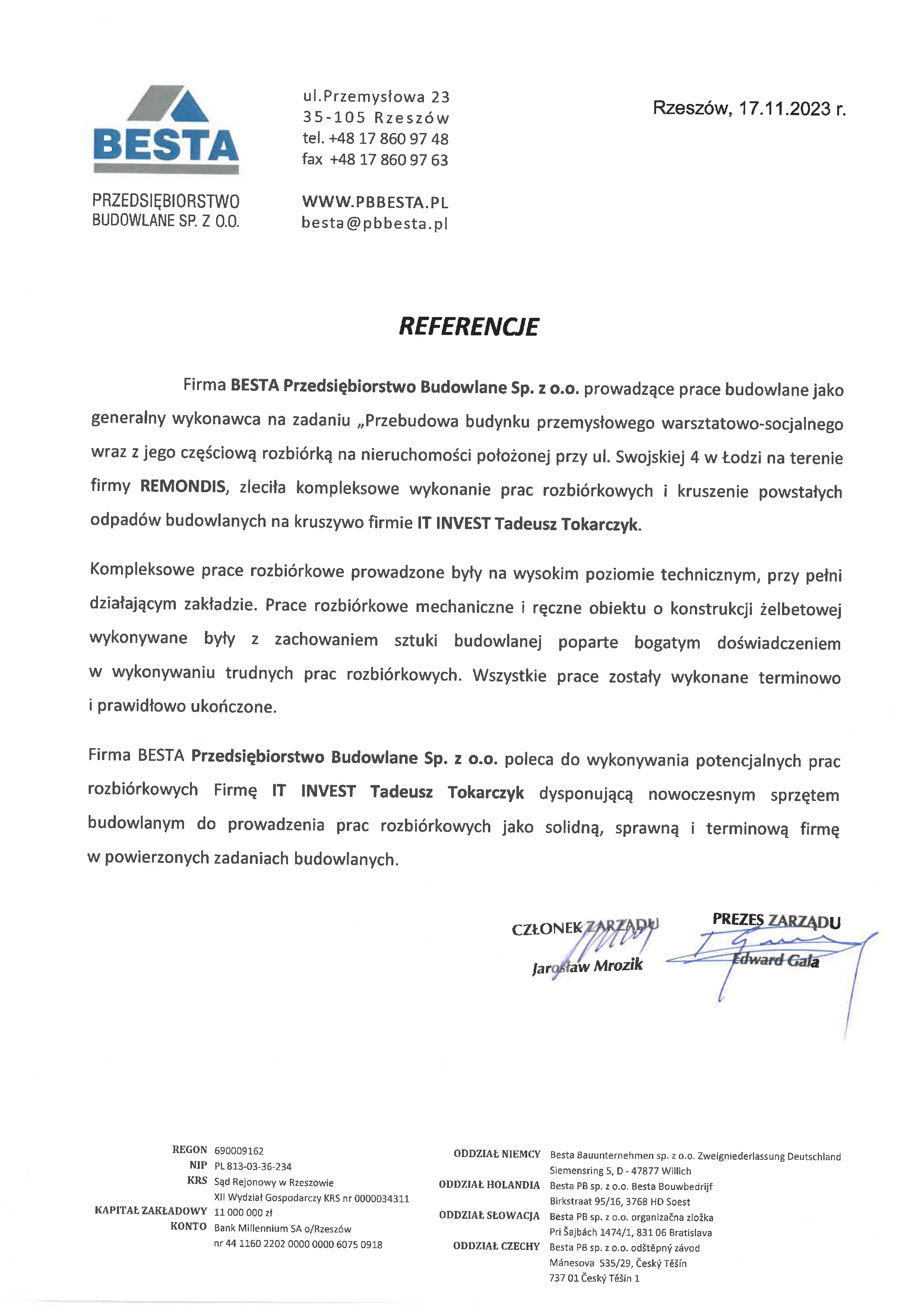 Letter of recommendation from BESTA Przedsiębiorstwo Budowlane endorsing IT INVEST Tadeusz Tokarczyk.