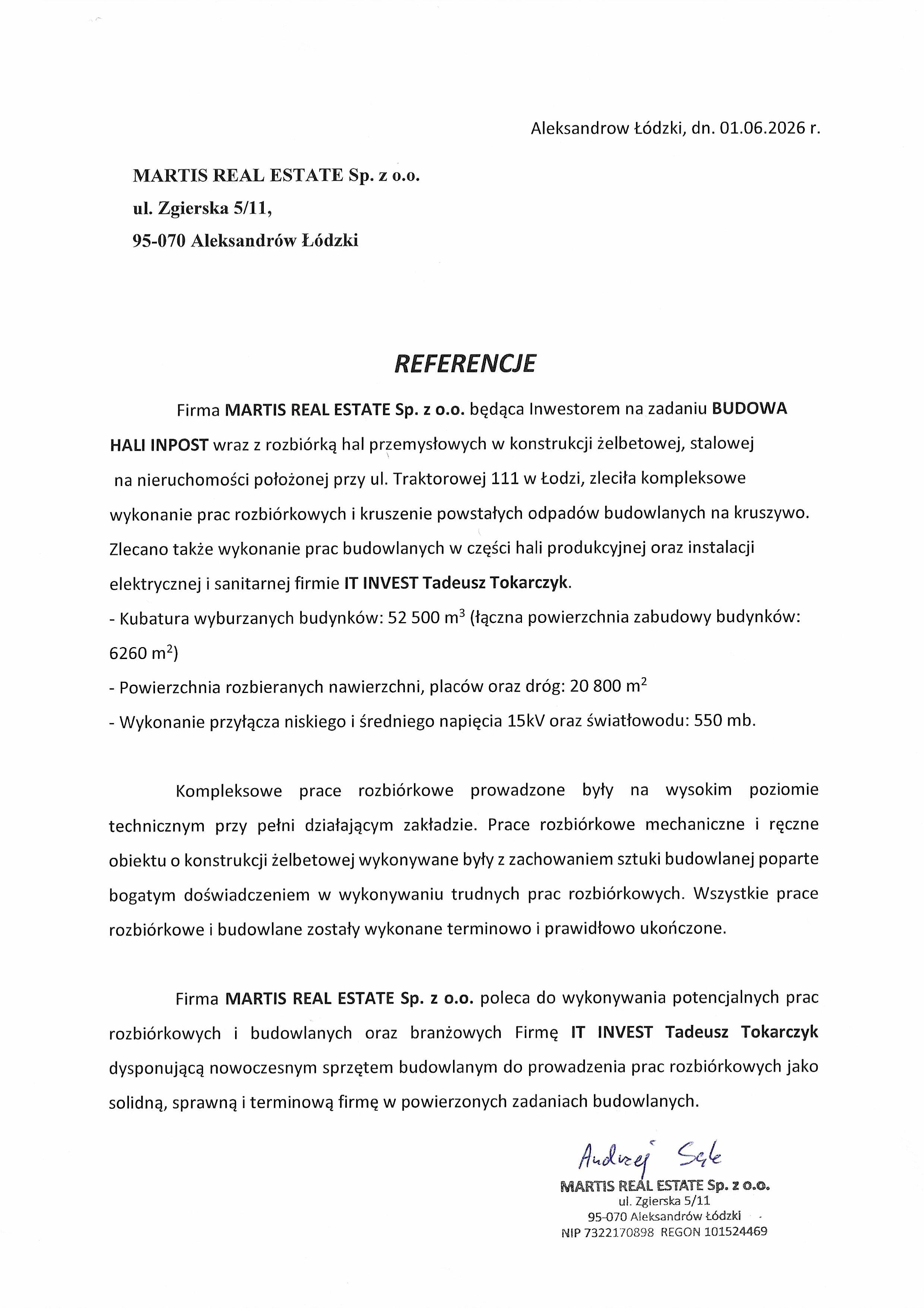Polish reference letter from Martis Real Estate endorsing IT INVEST Tadeusz Tokarczyk for construction work.