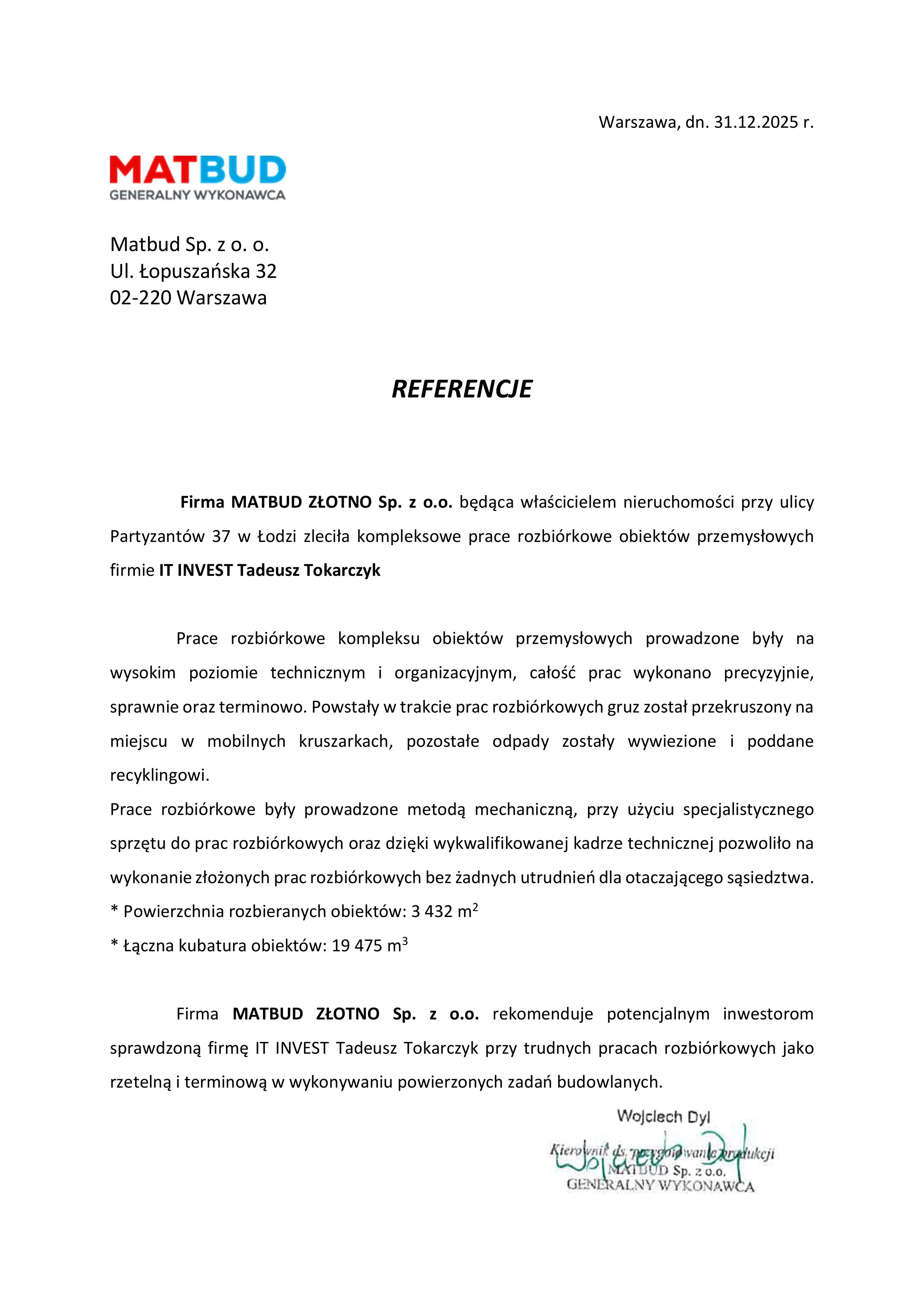 Reference letter from Matbud for IT INVEST Tadeusz Tokarczyk praising demolition work quality and timeliness.