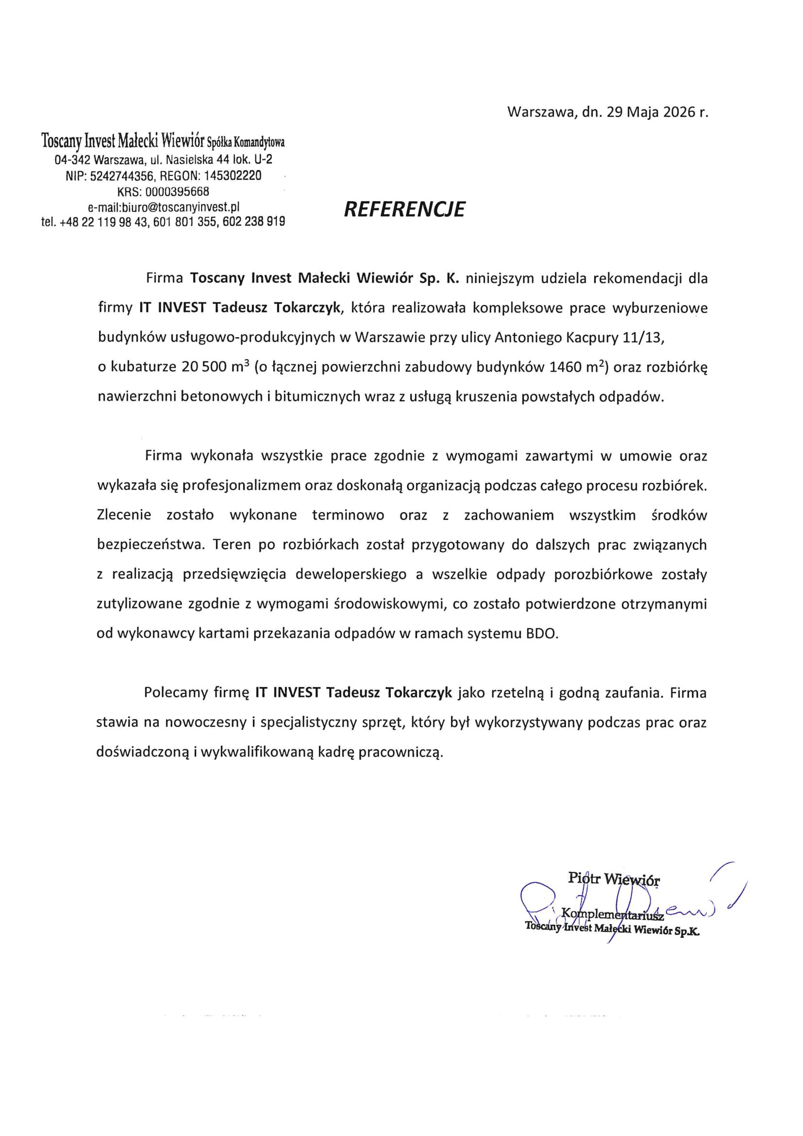 Reference letter from Tuscany Invest Małecki Wiewiór recommending IT INVEST Tadeusz Tokarczyk for demolition work.