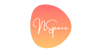 Nspace wordmark in white script on a pink to orange gradient round-edged triangle background.
