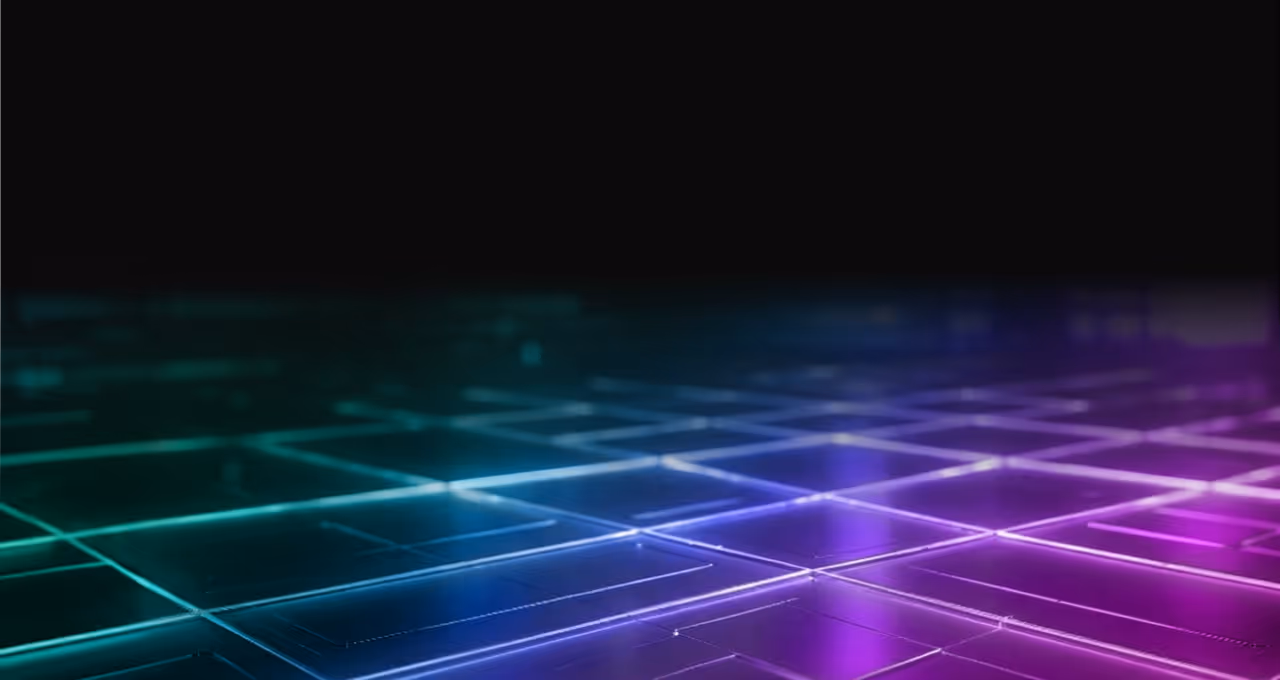 Close-up of a glowing grid pattern on a dark surface with blue and purple neon lights.