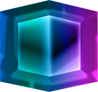3D translucent cube with glowing gradient colors of teal, blue, purple, and pink.