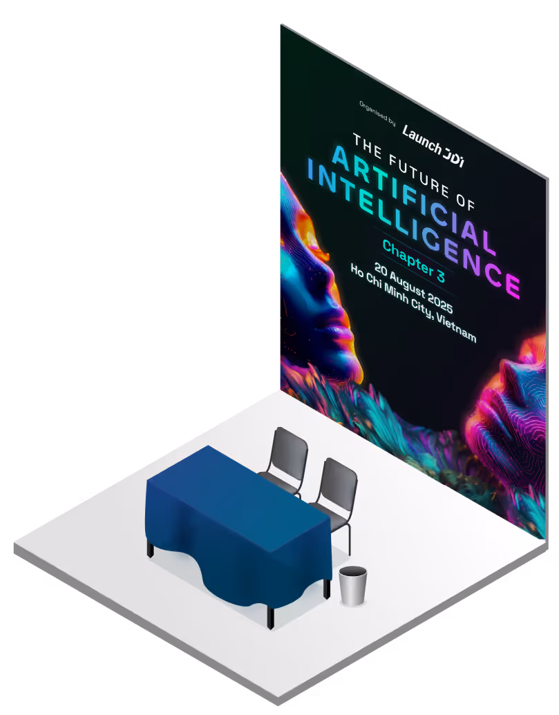 Exhibition booth setup with a table covered in a blue cloth, two chairs, a trash bin, and a large backdrop displaying 'The Future of Artificial Intelligence Chapter 3, 20 August 2025, Ho Chi Minh City, Vietnam' with colorful abstract face designs.