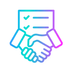 Gradient icon of a handshake below a checklist with two checked boxes.