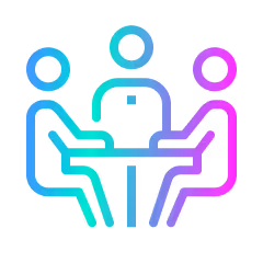 Colorful line icon of three people sitting around a table, symbolizing a conference or meeting.