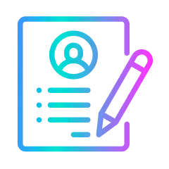 Icon of a document with a user profile and a pen writing on it.