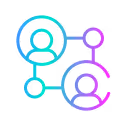 Abstract icon representing a network of interconnected people with gradient blue and purple circles and lines.