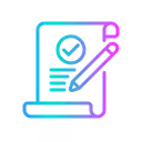 Icon of a digital document with lines of text, a checkmark in a circle, and a pencil editing the document.