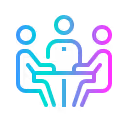 Illustration of three people around a circular table in blue, green, and pink gradient colors.