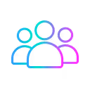 Three outlined user icons in gradient blue to purple colors representing a group of people.
