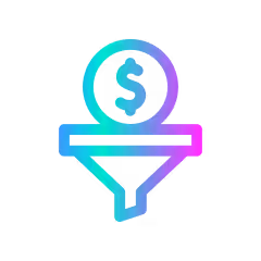 Colorful gradient icon of a funnel with a dollar sign coin above it on a black background.
