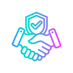 Gradient icon of two hands shaking with a shield and checkmark symbol above.