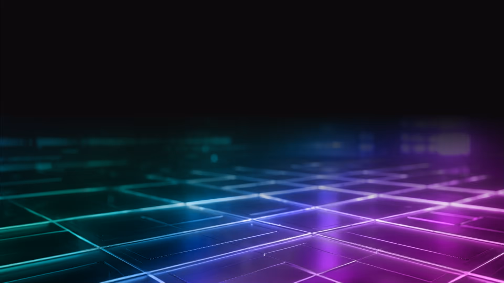 Glowing neon grid floor with blue, purple, and teal lights fading into black background.