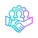 Icon showing three people above a handshake symbolizing partnership or teamwork.