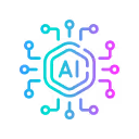 Abstract digital icon with hexagon and connected nodes in neon blue, purple, and green colors.