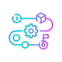 Three interconnected gear icons symbolizing automation and efficiency flow in a tech style design.