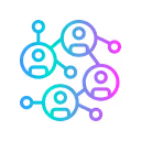 Abstract network of four connected user icons representing social or professional connections.