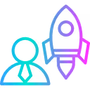Icon of a person with a tie next to a rocket representing leadership or startup growth.