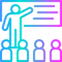 Person standing on podium, pointing toward a presentation board with three audience members below.