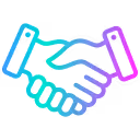 Outlined icon of a handshake with one hand blue and the other purple.