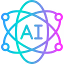 Colorful abstract AI logo with atomic orbit design in blue, teal, purple, and pink gradient.