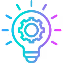 Light bulb icon with a gear inside, symbolizing innovation and technical solutions.