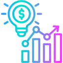 Light bulb with a dollar sign inside above rising bar and line graph with an arrow.