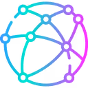 Abstract network diagram with interconnected nodes in gradient blue and purple colors.
