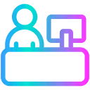 Icon of a person behind a reception desk with a computer monitor on the desk.