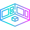 Colorful wireframe of an open floor plan with rooms and a staircase inside a hexagonal shape.