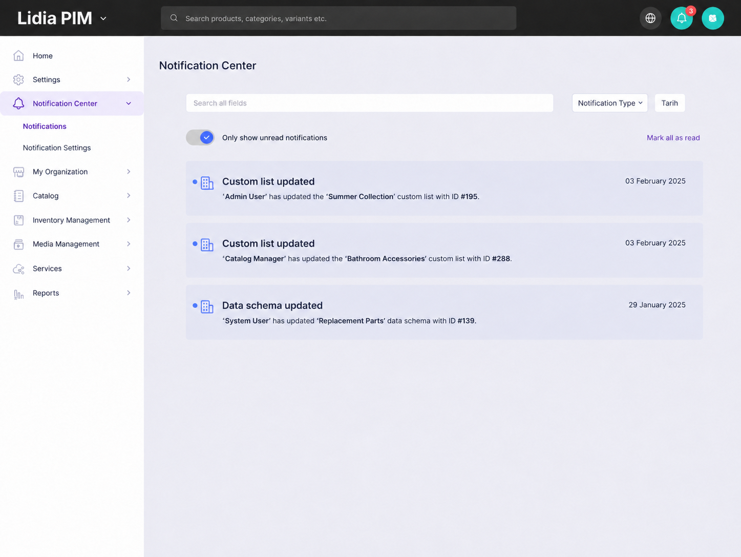 Lidia PIM Notification Center screen