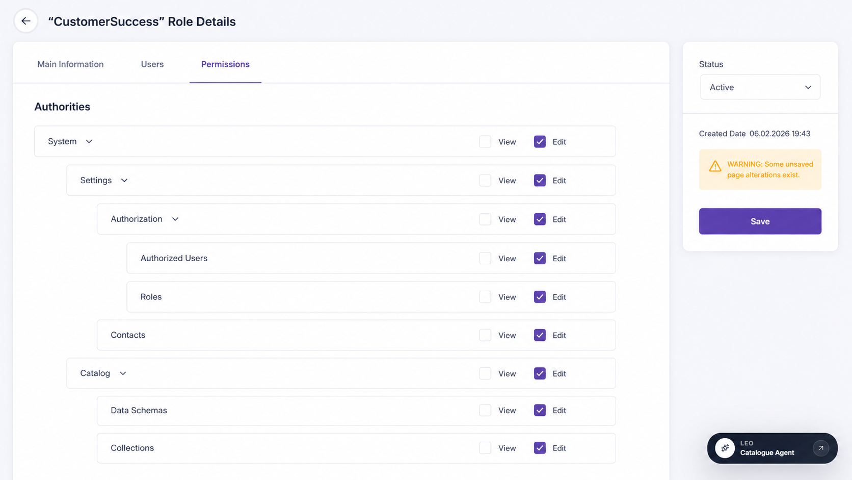 Lidia PIM authorization and role permissions screen
