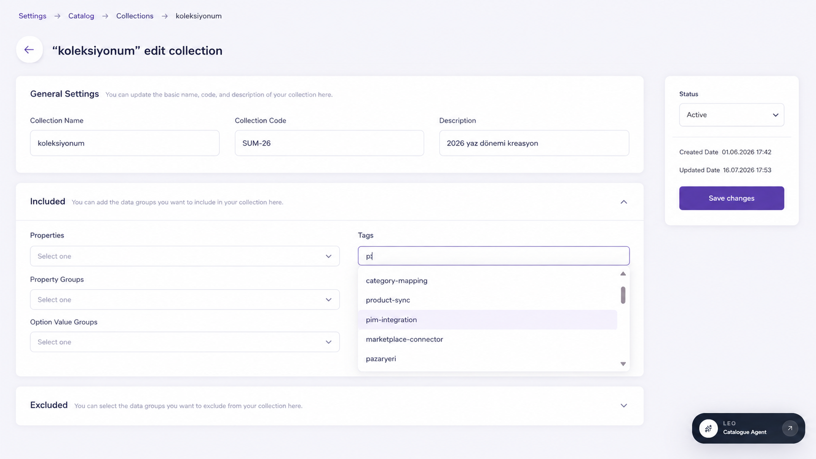 Lidia PIM collection management screen