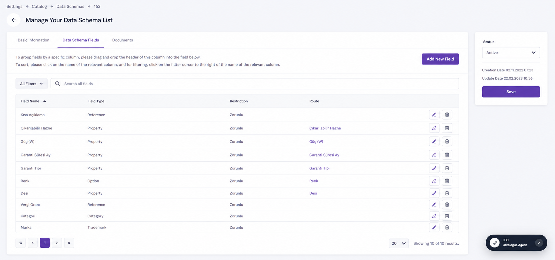 Lidia PIM data schema fields screen