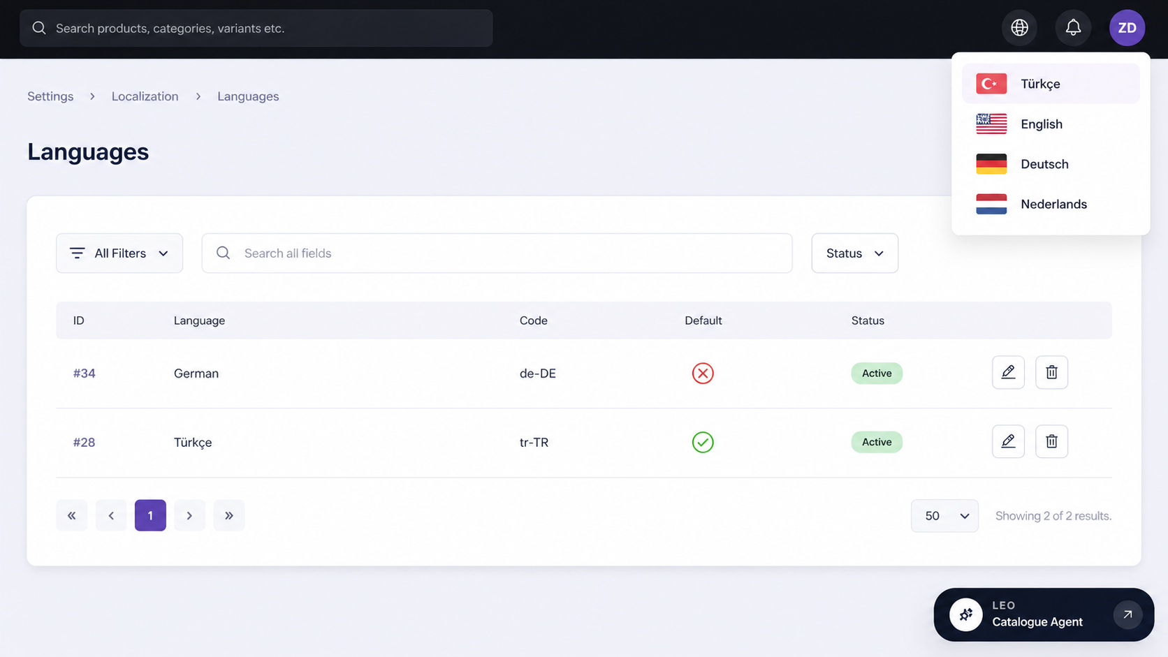 Lidia PIM localization and language management screen