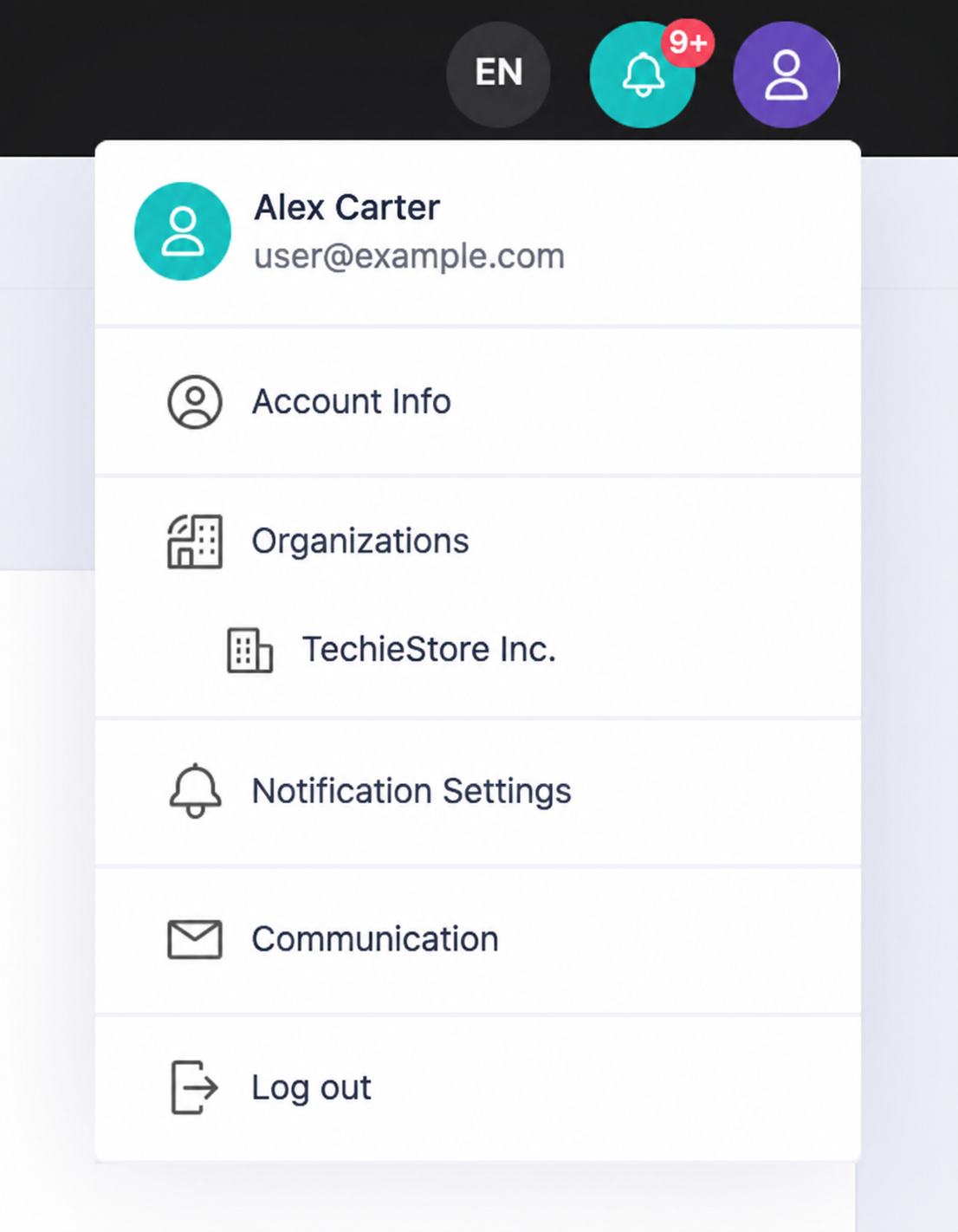 Lidia B2C Console account information menu