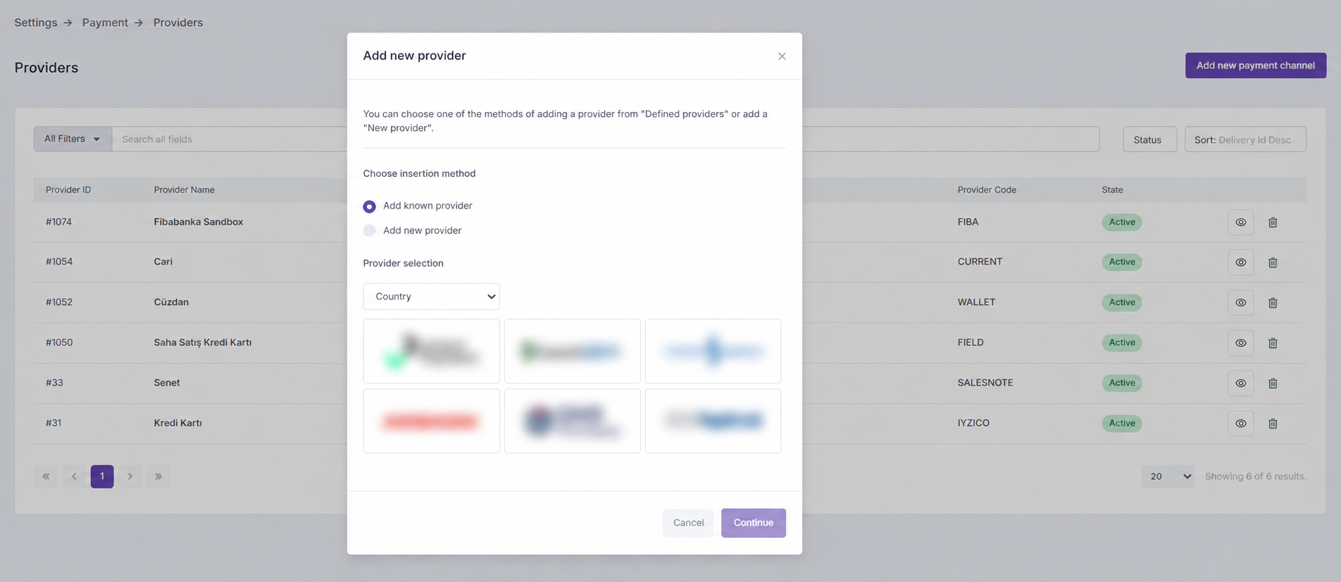 Lidia B2C Console payment service providers